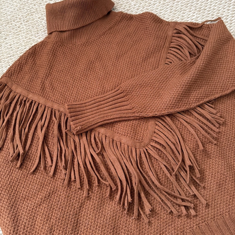Women's Fringe Sweater. Roll Neck, Western, Country Cowgirl Brown. Small Boho